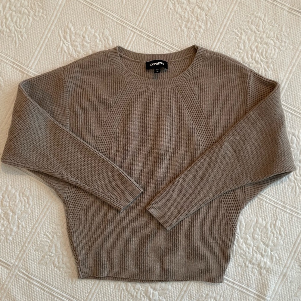Express Crew Neck Dolman Sleeve Ribbed Sweater Tan/Brown - Picture 10 of 12